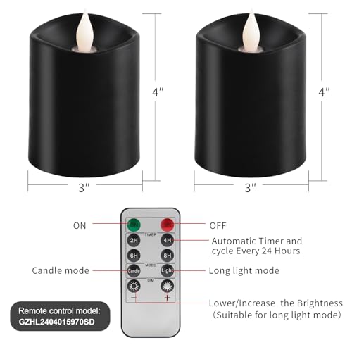 Image of 3x4 Flickering Flameless Candles Set of 2, 2AA Battery Life 600 Hours Battery Candles Flickering with Timer,4 inch Flameless Candles with Remote for Home Wedding Party Halloween Decoration, Black