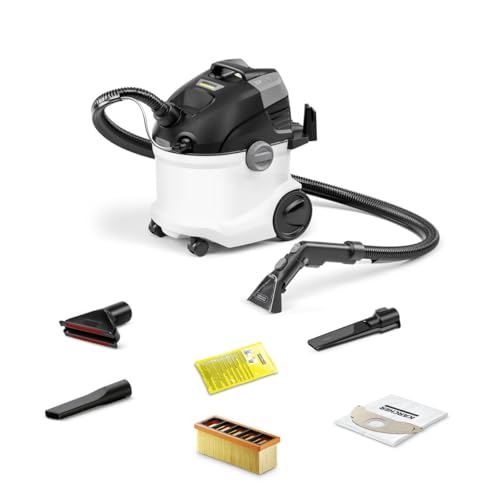 Kärcher Lava-Aspirador SE 5 Car a, Blanco, 1000W, 4L depósito, cable conexion 6m, incluye boquilla ranuras, tapicerías. filtro, bolsa filtro, detergente tapizados, manguera pulverización y aspiración