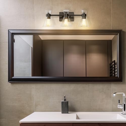 Image of Globe Electric 63000055 3-Light Vanity Light, Matte Black, Clear Glass Shades, Bathroom Lights Over Mirror, Lights for Bathroom, Powder Room Lighting, Makeup Mirror Lights, Home Decor, Bathroom Decor