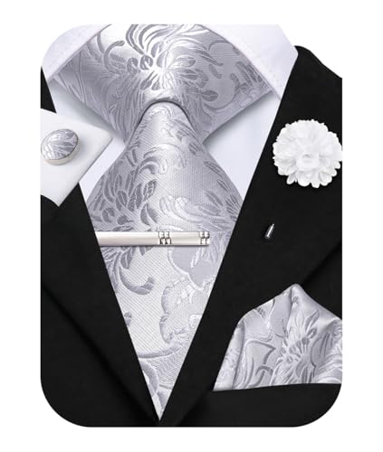 Image of Hi-Tie Silver Gray Ties for Men Set Floral Jacquard Necktie and Pocket Square Lapel Pin Silver Tie Clip Cufflinks Set Wedding Business 6PCS