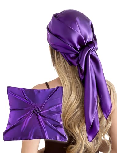 CHUNG 35 Large Scarf Solid Color Square Wraps Satin Silky Feel Big Hair Bandanas 90cm Necktie 90-Purple