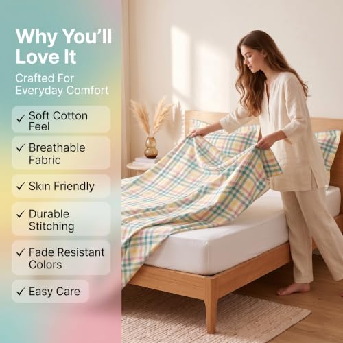 Image of BSB HOME 240 TC Cotton Feel Bedsheet with 2 Pillow Covers, Soft & Breathable Printed Double Bed Sheet for Bedroom, Fade Resistant & Easy Care - 90 x 100 Inches (228 x 254 cm) - Pastel Multi Plaid