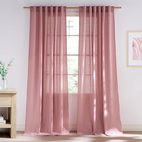 NICETOWN Thick Pink Sheer Curtains 96 inches Long for Girls Room, Rod Pocket & Back Tab Flax Linen Burlap Window Treatments Privacy Assured with Light Filtering for Bedroom, W55 x L96, 2 Pan