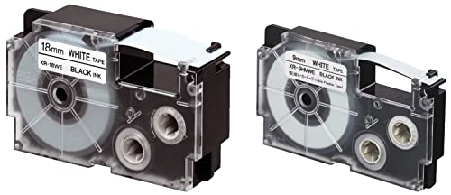 Image of Casio XR-18WE1 Label Printer Tape (Black and White) & Casio XR-9HMWE Cable Flexible Label Printer Tape (Black and White)