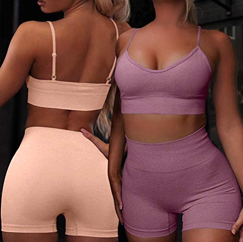 OLCHEE Women’s Workout Set 2 Piece Tracksuit - Seamless High Waist Shorts Leggings and Sports Bra Yoga Outfits - Purple Size M