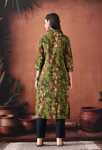 Image of Ichaa Women's Pure Cotton A-Line Ethnic V-Neck Kurta with 3 /4th Sleeve for Daily and Office Wear, in Plus Sizes