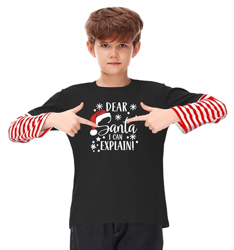 Image of Remimi Unisex Kids Christmas Long Sleeve Shirt Xmas Print Stripe Shirts 2-12 Years