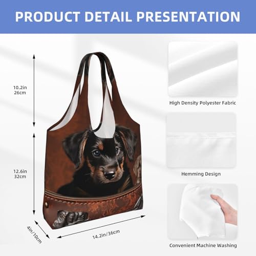 Canvas Tote Bag for Women Shoulder Tote Purse Reusable Grocery Bag Puppy sitting on brown leather crate Aesthetic Shopping Bags2