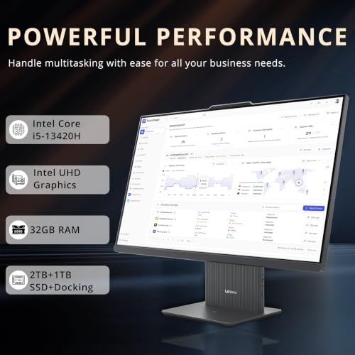 Image of Lenovo IdeaCentre 27 inch FHD All-in-One Desktop, Intel Cor i5-13420H, 32GB RAM, 3TB Storage (2TB SSD+1TB Docking Station), Intel UHD Graphics, Wireless Keyboard & Mouse, HD Camera, Win 11 Pro, Grey
