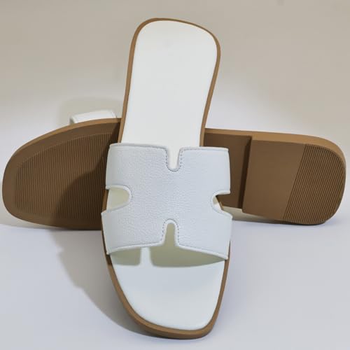 Image of Women's Flat Sandals, Ladies Leather Slippers, Comfy Dressy Slip on Shoes Elegant Slides Summer Fall Spring Cute Open Toe Casual Footwear