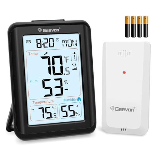 Geevon Funk Thermometer Innen Ausen, Digitale Thermometer Hygrometer Luftfeuchtigkeitsmesser Feuchtigkeitsgrad Außen Innen mit Max/Min Record, Wecker, Zeit (256300 TN Schwarz mit Batterie)