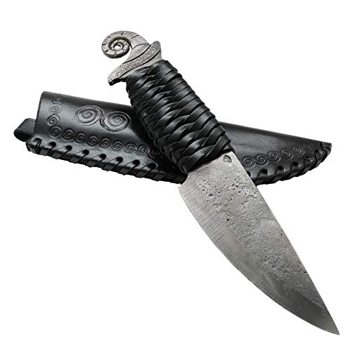 Grand Couteau Noir Escargot Premium Madhammers Acier Ressort Forgé Main - Lame Aiguisée & Pointue avec Etui Cuir Véritable Amateur d'Art & Culture - Longueur Totale 25 cm - Cadeau Original Cover