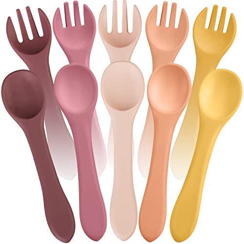 Image of 10 Pieces Baby Led Weaning Spoons and Forks Set Infant Silicone Spoon First Self Feed Baby training Utensils for Toddler First Stage Feeding Supplies for Kids Over 6 Months, 5 Pairs (Bright Colors)