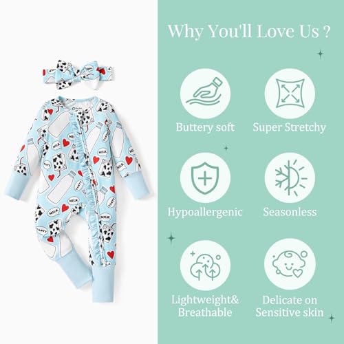 Image of PATPAT Bamboo Viscose Baby Footie with Headband, NB-2T | 2 Way-Zipper, Fold-over mittens and feet, Soft and Breathable, True to size, Stretchy for duration, Comfort in every season