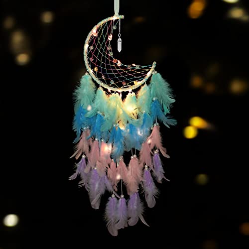 Dremisland Moon Dream Catcher with Fairy Lights Handmade Dreamcatcher Kids Bedroom Accessories Rainbow Feather Lucky Turquoise Pendant Wall Hanging Decoration for Home Bedroom - Image 2