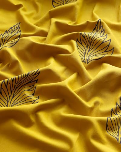 Image of THE LINEN COMPANY Duck Canvas Printed Curtains 7.5 Feet, Premium Leaf Design Curtains for Home, 7.5ft Set of 2, Blue Leaf on Mustard