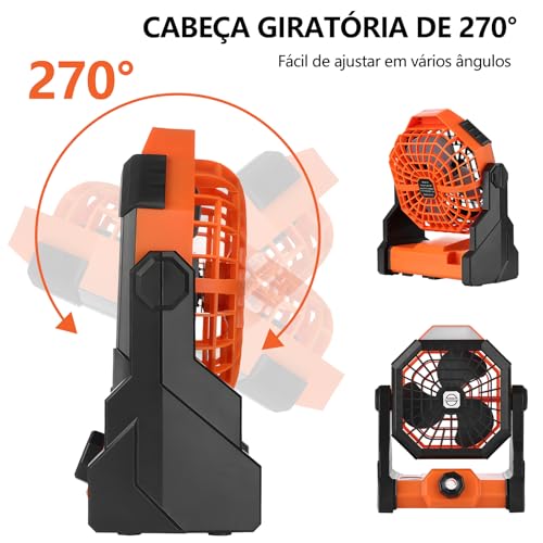 Ventilador recarregavel de Acampamento portátil, com lanterna LED, alimentado por bateria recarregáv