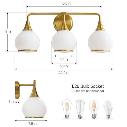 Image of Brushed Gold Bathroom Light Fixtures 3-Lights Vanity Lights with Milky White Frosted Glass Shade Bathroom Vanity Light 22.4 inch Wall Sconce Lighting Bath(Exclude E26 Bulb)
