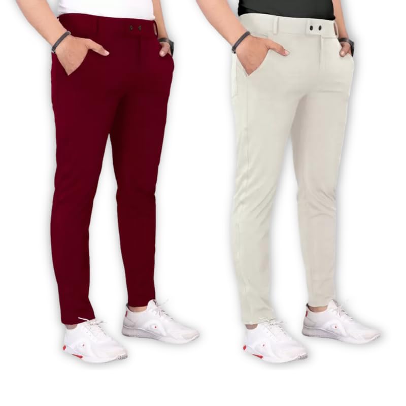 Image of Men's Stylish Slim Fit Lycra Blend Trousers - Pack of 2 (Combo) Formal Pants for Men | Stretchable Regular Office Formal Wear | Comfortable Solid Casual, Business, and Work Trousers for Men