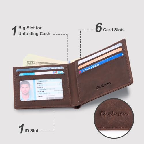Image of Chelmon Slim Wallet for Men ID Window with RFID Blocking Front Pocket Bifold Minimalist Bussiness Card Holder Gift for Men, Vintage Brown