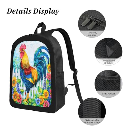 3PCS Backpack for Women Men With Lunch Box Pencil Bag 17 Inch Lightweight Adjustable Strap Back Pack 3 In 1 Set Animal Rooster Beauty Daypack Unisex Fit Travel Work Camping4