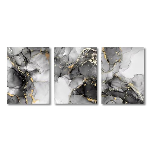 Tableau abstrait marbre or noir decoration murale salon triptyque 60x90