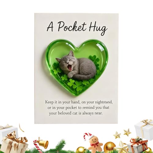 猫の記念品 - ミニ猫の置物とポジティブなメッセージカード付きのインスピレーションを与えるハート型のオーナメント、動物愛好家へのエレガントでセンチメンタルなギフト |ホーム 本棚 ベッドサイド ディスプレイ コレクション ホリデー クリ