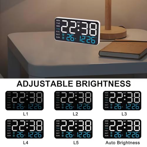 Image of EASEPRES 9 inch LED Digital Wall Clock with Date, Day, Temperature Display & Dual Alarm - USB Powered, Adjustable Brightness - Ideal for Bedroom, Office, Seniors, Home Decor (White + Blue)