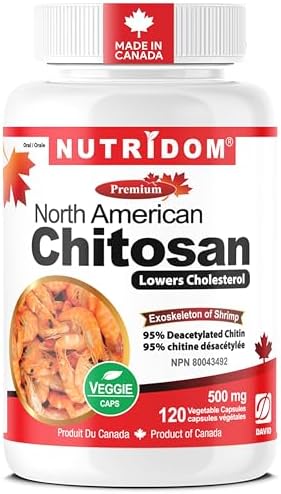 Nutridom Chitosan Supplement 500mg – 95% Acetylated Chitin – North American Source – Non-GMO, Gluten free, Dairy free, Soy free – 120 Veggie Capsules