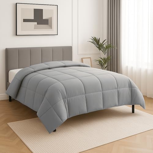 Image of Queen Size Comforter Set - All Season Down Alternative Bedding Comforter Set - Quilted Duvet Insert with Corner Tabs - Box Stitched Blanket - Breathable, Soft - Silver Grey