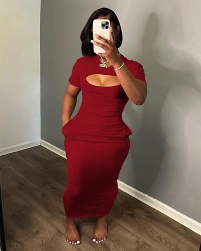 Image of Women's Casual Short Sleeve Dress T Shirt Bodycon Dresses Ribbed V Neck Maxi Sundress Basic Party Club Dress with Pocket