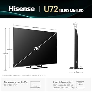 Hisense TV 75" Mini-LED 144Hz 4K 2025 75U72Q, Smart TV VIDAA U8, Dolby Vision IQ, HDR 10+ Adaptive, 144Hz Game Mode PRO, Dolby Atmos 2.1 con Subwoofer, Alexa Built-in, VIDAA Voice, lativù 4K, 75''