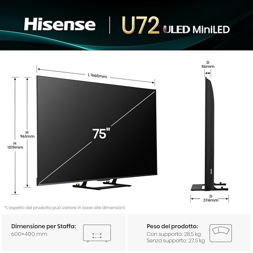 Hisense TV 75" Mini-LED 144Hz 4K 2025 75U72Q, Smart TV VIDAA U8, Dolby Vision IQ, HDR 10+ Adaptive, 144Hz Game Mode PRO, Dolby Atmos 2.1 con Subwoofer, Alexa Built-in, VIDAA Voice, lativù 4K, 75'' - Immagine 1