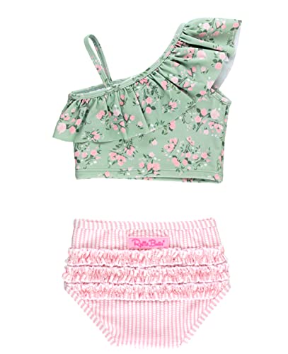 Image of RuffleButts Girls UPF50+ Sun Protection One Shoulder Ruffle Tankini Two Piece Swimsuit