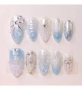 30Pcs Handmade Summer Press on Nails Medium Almond French Tip Fake Nails Blue Glitter Full Cover ...