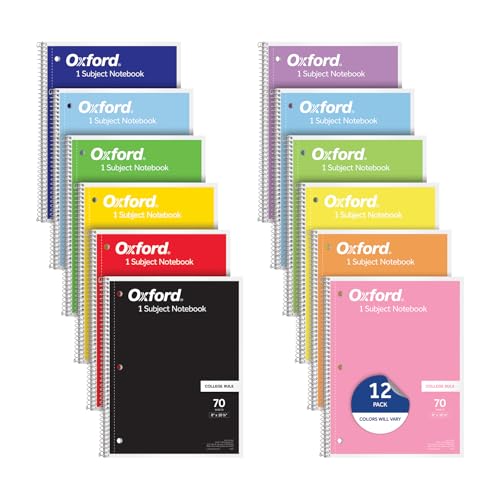 oxford spiral notebooks 12 count bulk pack 1 subject college ruled notebooks for school 8 x 105 inches 70 sheets assorted colors back to school supplies 65205