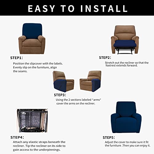 Image of Easy-Going 4 Pieces Waterproof Recliner Chair Slipcover Washable | Stretch Soft Couch Cover for Dogs, Sofa Slipcover for Recliner Couch Furniture Protector for Kids, Pets Navy