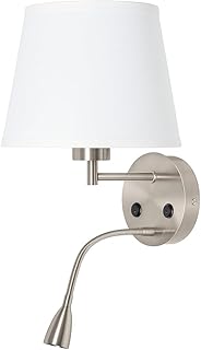 BarcelonaLed E27 Wall Light with 1W Flexible Swivelling Reading Light White Fabric Shade with 2 Switches for Bedroom Headb…