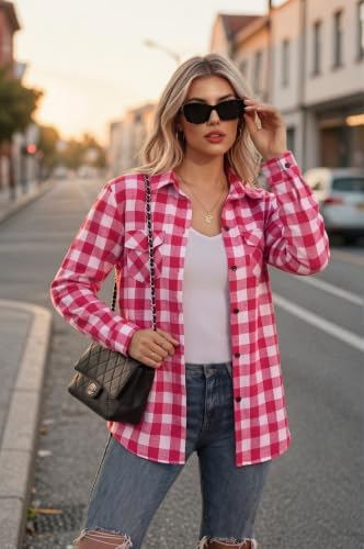 Zeagoo Womens Plaid Flannel Shirt, Roll up Long Sleeve Checkered Cotton Shirt,Watermelon Red,Medium - image 6