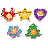 24 Stück Bastelset Weihnachten Kinder – DIY Teelichthalter Holz Set zum Bemalen & Basteln – Kreatives Basteln Weihnachten Kinder – Weihnachtsdeko Bastelset mit Farbe & Pinsel