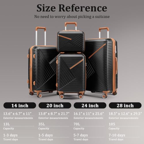 Durable 4-Piece Luggage Set (14/20/24/28 Inch),Expandable Hard Shell Suitcases with 360° Silent Spinner Wheels, TSA Lock, Lightweight PP Material (Black)4
