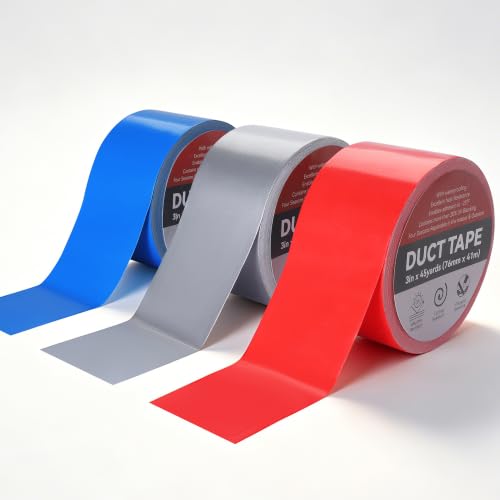 Image of Reniteco 3 Pack Duct Tape, 3 in x 45 Yards Heavy Duty, High-Density Mesh - Clean Tear, No Residue, Waterproof, UV Resistant, for DIY, Color-Coding, Home & Outdoor (Red, Silver, Sky Blue)