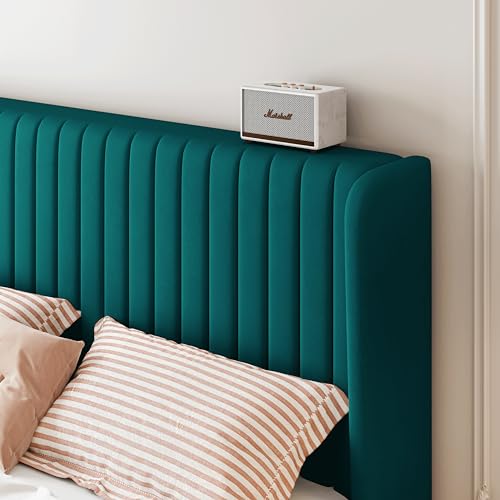Image of SHA CERLIN King Size Velvet Bed Frame, Tufted Wingback Headboard, Teal | 47'' Modern Vertical Channel Headboard, Upholstered Platform Bed, Wood Slats, No Box Spring Needed, Easy Assembly, Noise Free