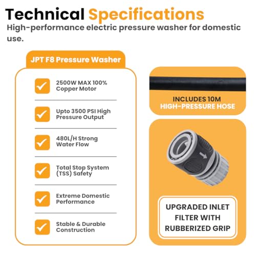 Image of JPT F8 2.0 Super Combo 2500W 250 Bar High Pressure Washer | 100% Copper Induction Motor with TSS | 10 L /min Flow | 14-Piece Car, Bike & Home Cleaning Kit
