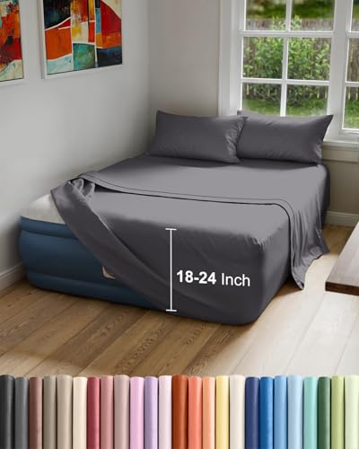 Air Mattress Sheet Set for Queen Size - 4 Piece Breathable & Cooling Sheets w/ Extra Deep Pockets - Fits Inflatable & Blow Up Air Mattresses Up to 24 Inches Thick - Soft and Wrinkle Free - Dark Grey
