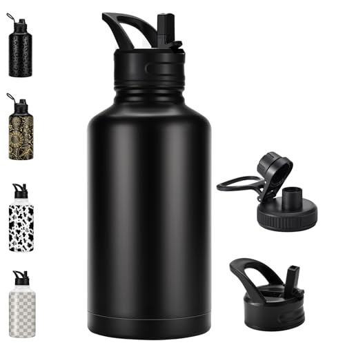 FOLAI Insulated 2 Litre Stainless Steel Water Bottle with Straw Lid and Flex Adult Large Drinks Bottle Large Gym Sports Metal Drinking Flask for Outdoor Hiking Riding and Gift GivingBlack