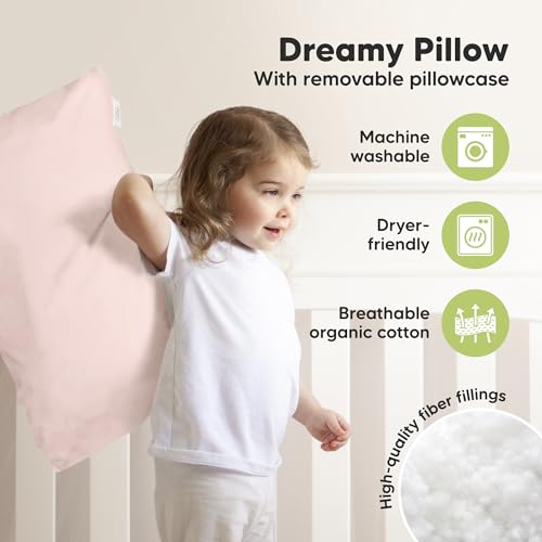 Image of KeaBabies Organic Toddler Pillow with Pillowcase, Jumbo 14X20 (Mist Pink) | Soft Cotton Toddler Pillows for Sleeping, Machine Washable, Perfect for Travel, School, Daycare, Nap, Kids Toddler Bed Set