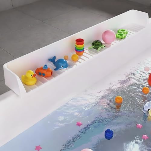 Funnydin Splash Guard for Bathtub - 2.6FT Bathtub Splash Guard for Tub Kids with 11 Suction Cups Bath tub Play Shelf & Toy Holder Prevents Water Spills No-Leak Easy to Clean Light Grey