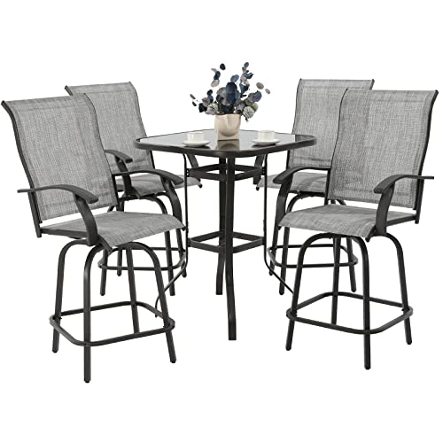 Udpatio Patio Swivel Bar Stools Set Of 5, Outdoor Bar Heigt Chairs And Table, All Weather High Back And Armrest Rocking Stools & Bar Chairs For Backyard, Lawn Garden, Balcony And Pool, Grey White #TOP5