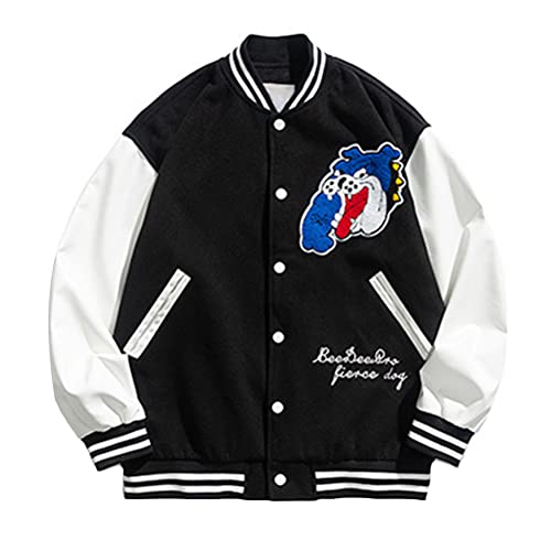 ORANDESIGNE Homme Veste de Baseball Manteau Varsity College Jacket Veste de Couple Oversize Unisexe Couleur Bloc Veste de Sport à Manches Longues Vêtements D'extérieur B Noir XXL